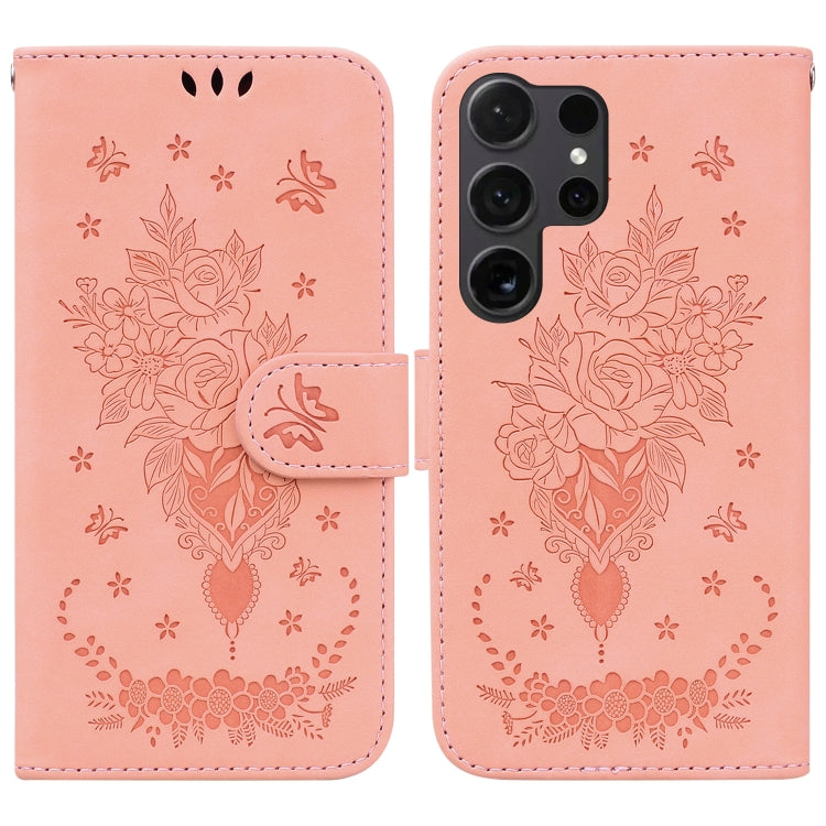 For Samsung Galaxy S25 Ultra 5G Butterfly Rose Embossed Leather Phone Case(Pink)