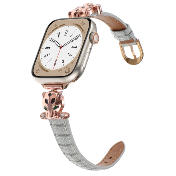 For Apple Watch 46mm / 49mm / 45mm / 44mm Leopard Head Bamboo Texture Leather Watch Band(Rose Gold Grey)