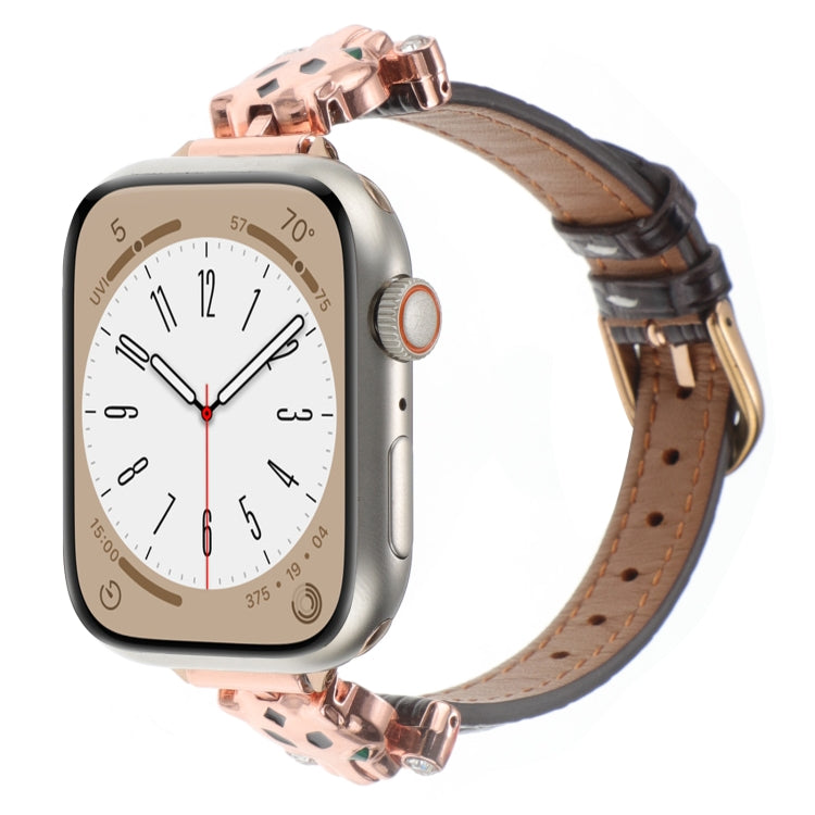 For Apple Watch 46mm / 49mm / 45mm / 44mm Leopard Head Bamboo Texture Leather Watch Band(Rose Gold Brown)