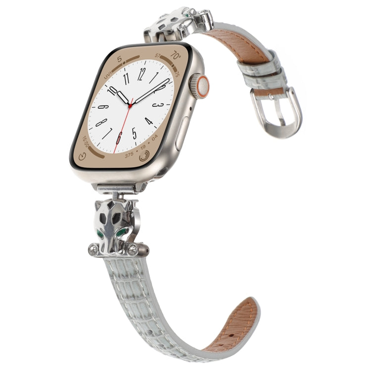 For Apple Watch 46mm / 49mm / 45mm / 44mm Leopard Head Bamboo Texture Leather Watch Band(Silver Grey)