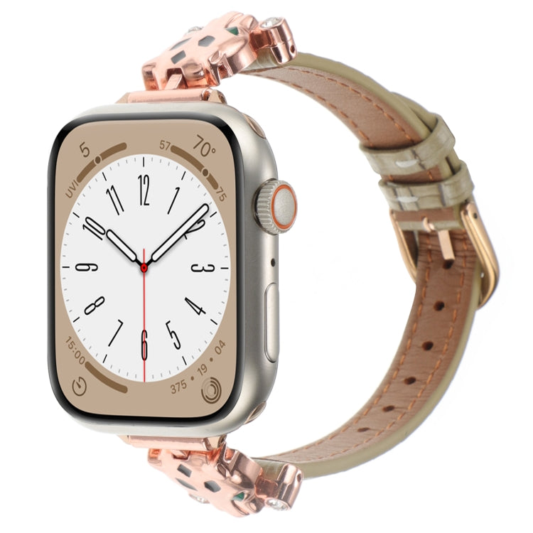 For Apple Watch 46mm / 49mm / 45mm / 44mm Leopard Head Bamboo Texture Leather Watch Band(Rose Gold Khaki)