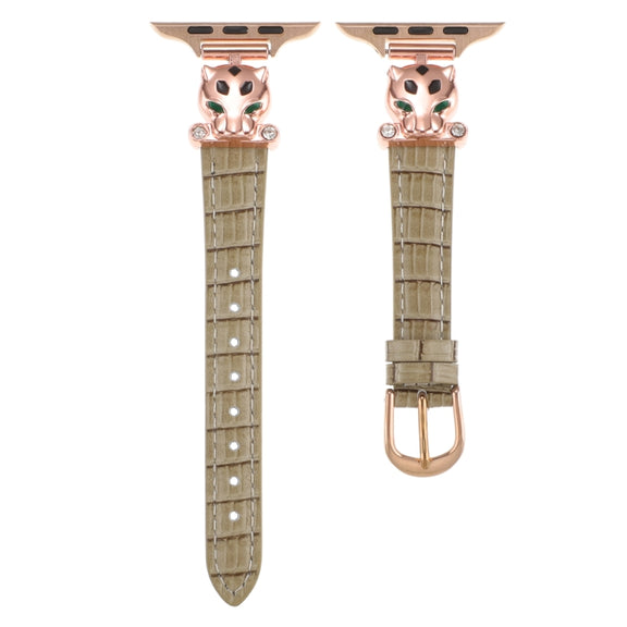 For Apple Watch 46mm / 49mm / 45mm / 44mm Leopard Head Bamboo Texture Leather Watch Band(Rose Gold Khaki)