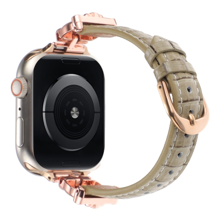 For Apple Watch 46mm / 49mm / 45mm / 44mm Leopard Head Bamboo Texture Leather Watch Band(Rose Gold Khaki)