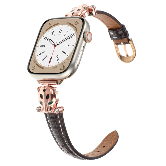 For Apple Watch 42mm / 41mm / 40mm / 38mm Leopard Head Bamboo Texture Leather Watch Band(Rose Gold Brown)