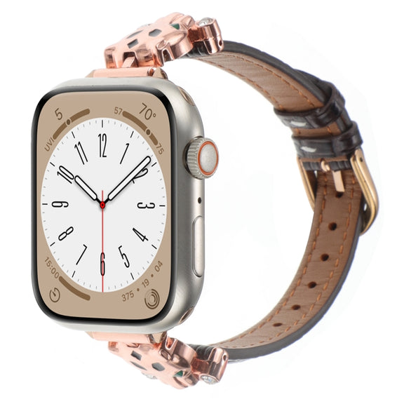 For Apple Watch 42mm / 41mm / 40mm / 38mm Leopard Head Bamboo Texture Leather Watch Band(Rose Gold Brown)