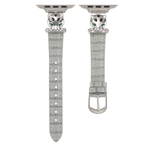 For Apple Watch 42mm / 41mm / 40mm / 38mm Leopard Head Bamboo Texture Leather Watch Band(Silver Grey)