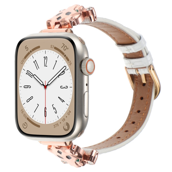For Apple Watch 42mm / 41mm / 40mm / 38mm Leopard Head Bamboo Texture Leather Watch Band(Rose Gold White)