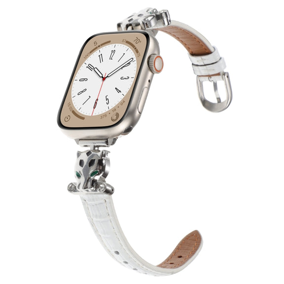 For Apple Watch 42mm / 41mm / 40mm / 38mm Leopard Head Bamboo Texture Leather Watch Band(Silver White)