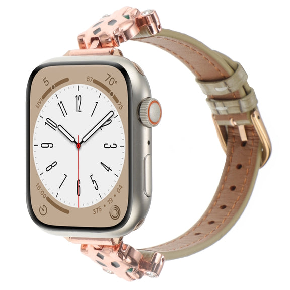 For Apple Watch 42mm / 41mm / 40mm / 38mm Leopard Head Bamboo Texture Leather Watch Band(Rose Gold Khaki)