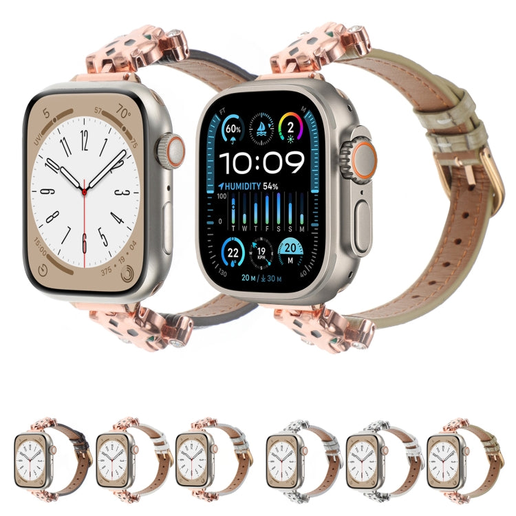 For Apple Watch 46mm / 49mm / 45mm / 44mm Leopard Head Bamboo Texture Leather Watch Band(Silver White)