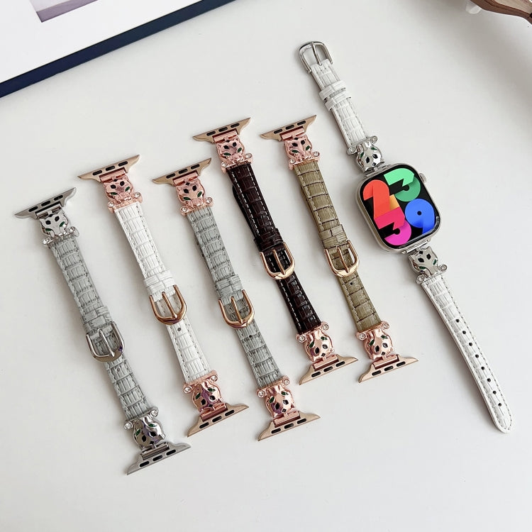 For Apple Watch 42mm / 41mm / 40mm / 38mm Leopard Head Bamboo Texture Leather Watch Band(Rose Gold Khaki)