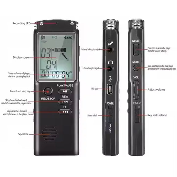 T60 Smart HD Noise Cancelling Voice Recorder MP3 Player, Memory:8GB(Black)