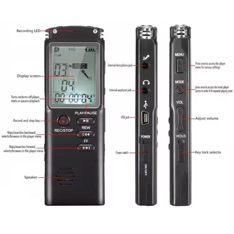 T60 Smart HD Noise Cancelling Voice Recorder MP3 Player, Memory:8GB(Black)