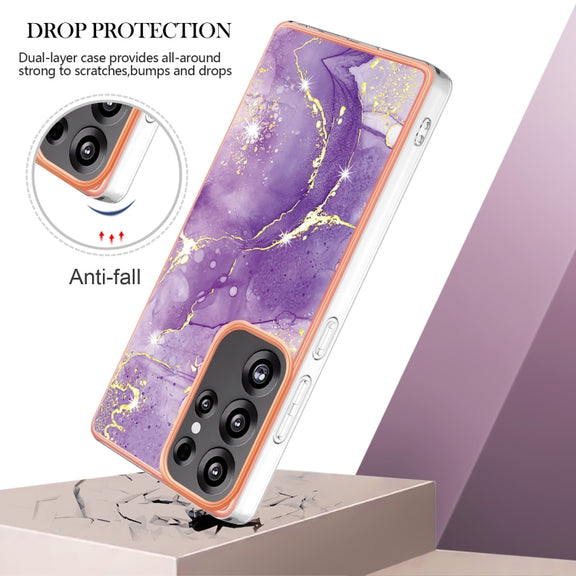 For Samsung Galaxy S25 Ultra 5G Electroplating Marble Pattern Dual-side IMD TPU Shockproof Phone Case(Purple 002)