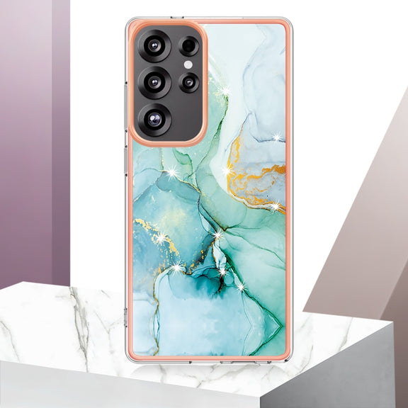 For Samsung Galaxy S25 Ultra 5G Electroplating Marble Pattern Dual-side IMD TPU Shockproof Phone Case(Green 003)