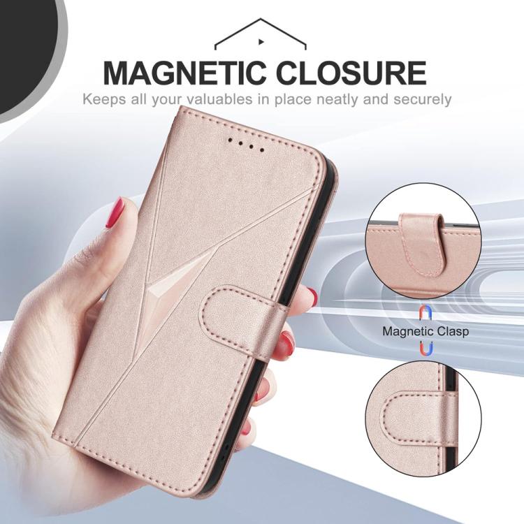 For iPhone 17 Pro Triangle Pattern Buckle Clasp Leather Phone Case(Rose Gold)
