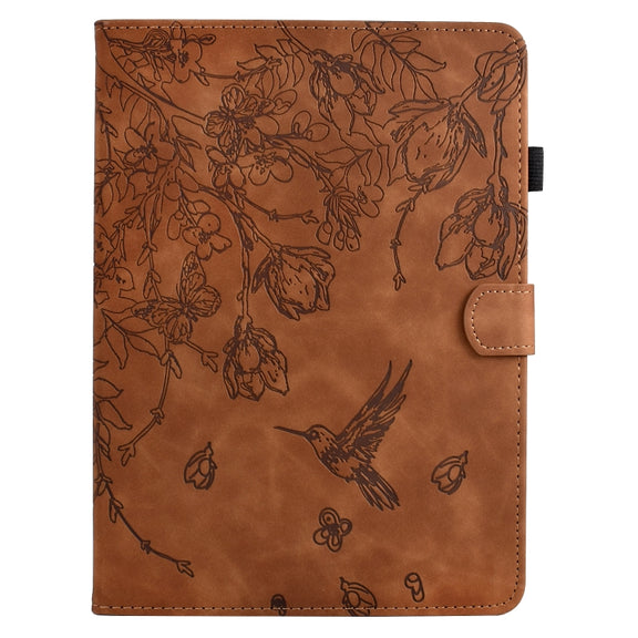 For Samsung Galaxy Tab S9 Flowers and Bird Embossed Smart Leather Tablet Case(Brown)