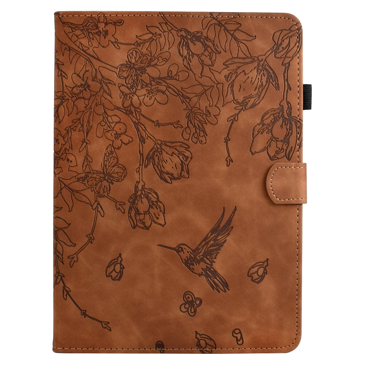 For Samsung Galaxy Tab S9 Flowers and Bird Embossed Smart Leather Tablet Case(Brown)