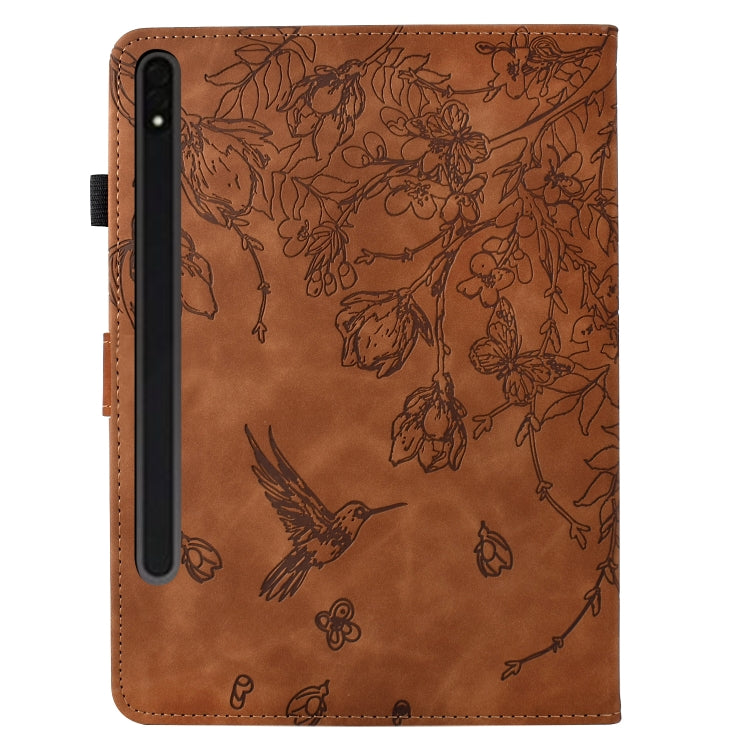 For Samsung Galaxy Tab S9 Flowers and Bird Embossed Smart Leather Tablet Case(Brown)
