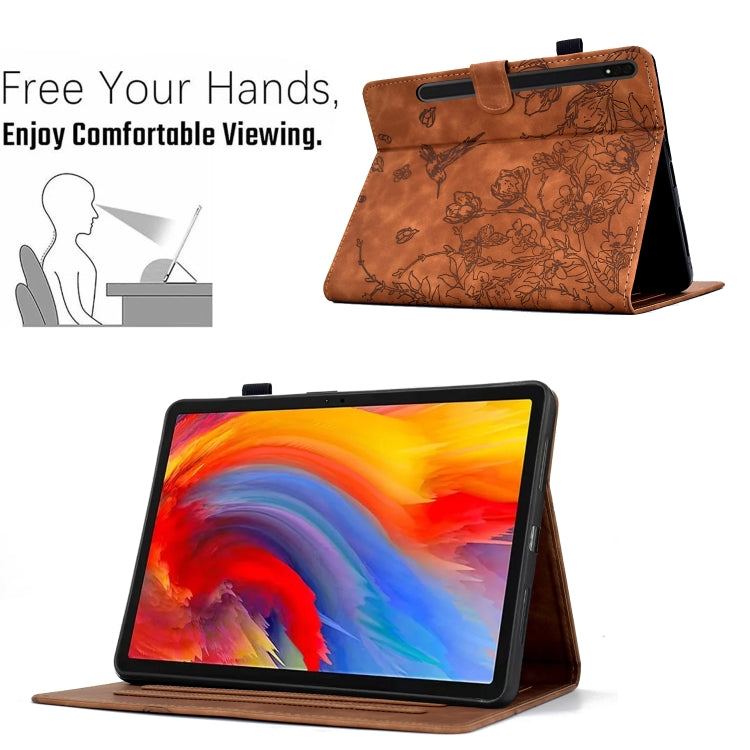 For Samsung Galaxy Tab S9 Flowers and Bird Embossed Smart Leather Tablet Case(Brown)