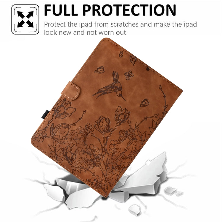 For Samsung Galaxy Tab S9 Flowers and Bird Embossed Smart Leather Tablet Case(Brown)