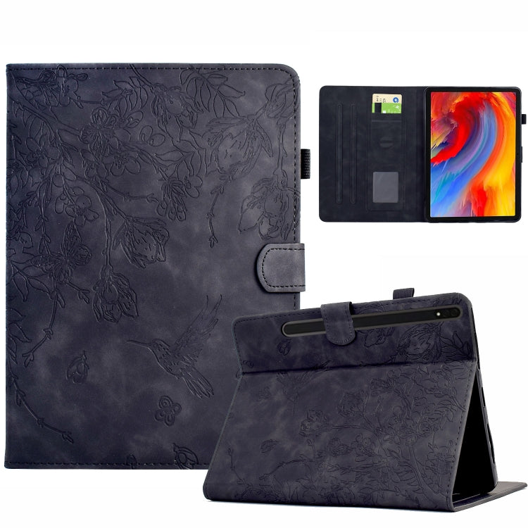 For Samsung Galaxy Tab S9 Flowers and Bird Embossed Smart Leather Tablet Case(Black)