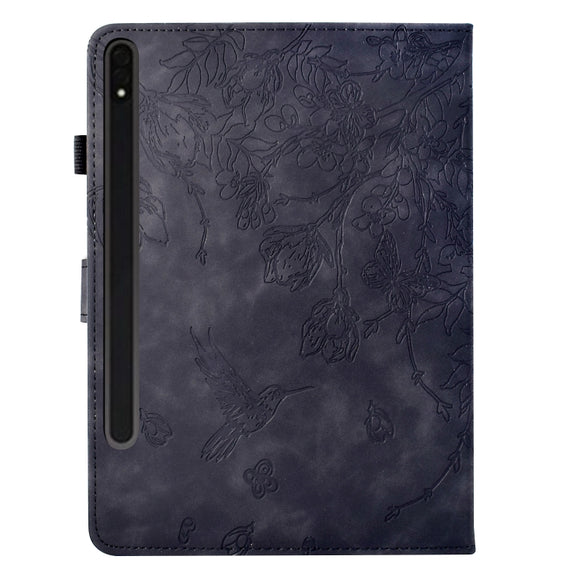 For Samsung Galaxy Tab S9 Flowers and Bird Embossed Smart Leather Tablet Case(Black)