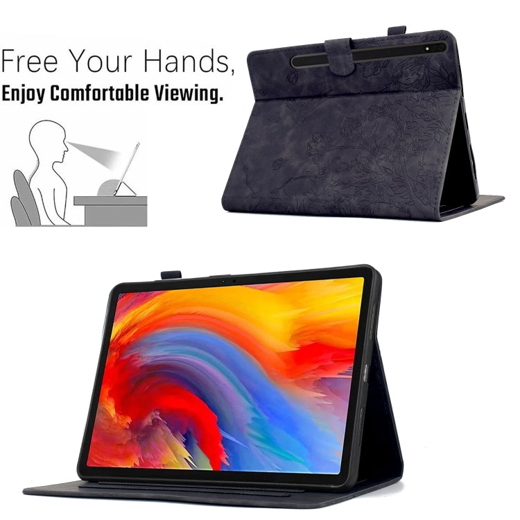 For Samsung Galaxy Tab S9 Flowers and Bird Embossed Smart Leather Tablet Case(Black)