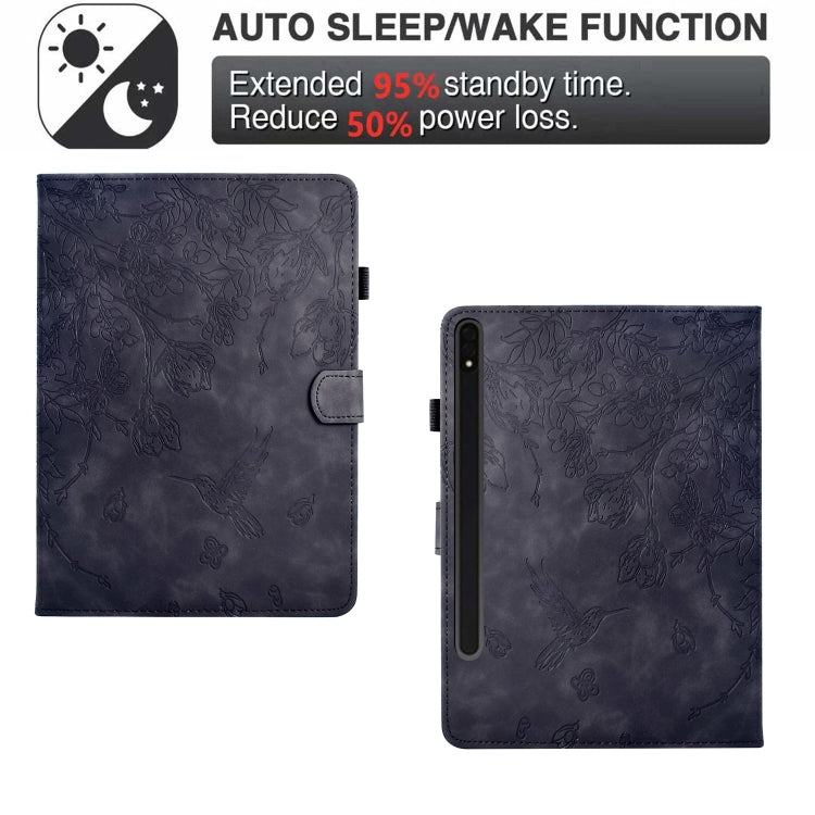 For Samsung Galaxy Tab S9 Flowers and Bird Embossed Smart Leather Tablet Case(Black)