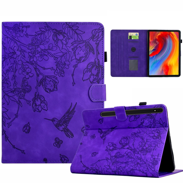 For Samsung Galaxy Tab S9 Flowers and Bird Embossed Smart Leather Tablet Case(Purple)
