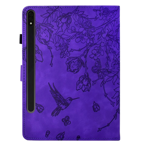 For Samsung Galaxy Tab S9 Flowers and Bird Embossed Smart Leather Tablet Case(Purple)