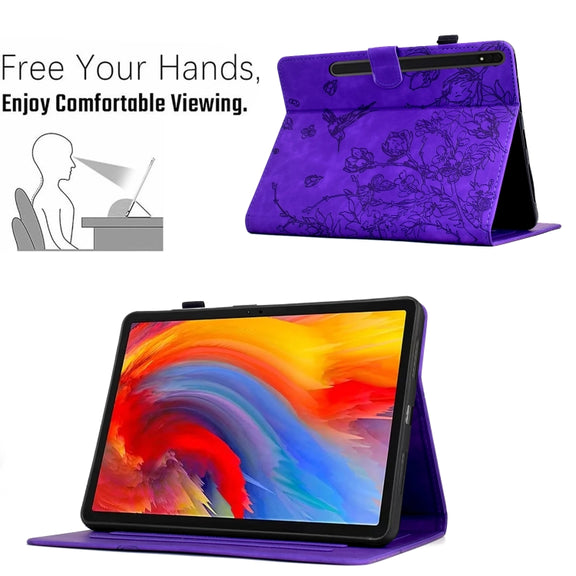 For Samsung Galaxy Tab S9 Flowers and Bird Embossed Smart Leather Tablet Case(Purple)