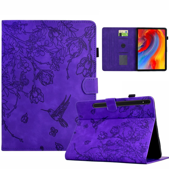For Samsung Galaxy Tab S9 Flowers and Bird Embossed Smart Leather Tablet Case(Purple)