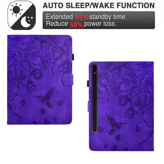 For Samsung Galaxy Tab S9 Flowers and Bird Embossed Smart Leather Tablet Case(Purple)