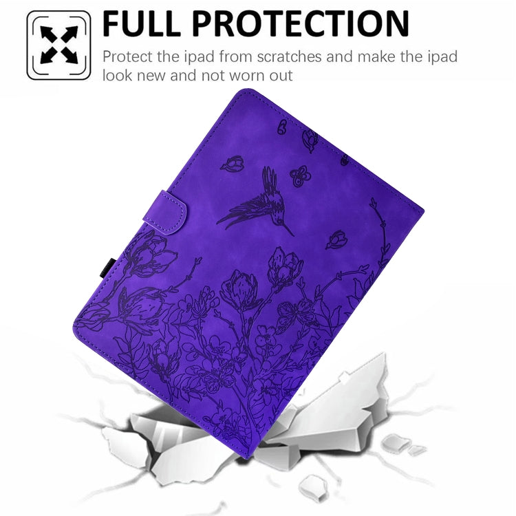 For Samsung Galaxy Tab S9 Flowers and Bird Embossed Smart Leather Tablet Case(Purple)