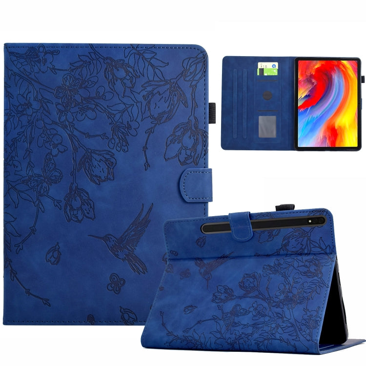 For Samsung Galaxy Tab S9 Flowers and Bird Embossed Smart Leather Tablet Case(Dark Blue)