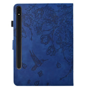 For Samsung Galaxy Tab S9 Flowers and Bird Embossed Smart Leather Tablet Case(Dark Blue)