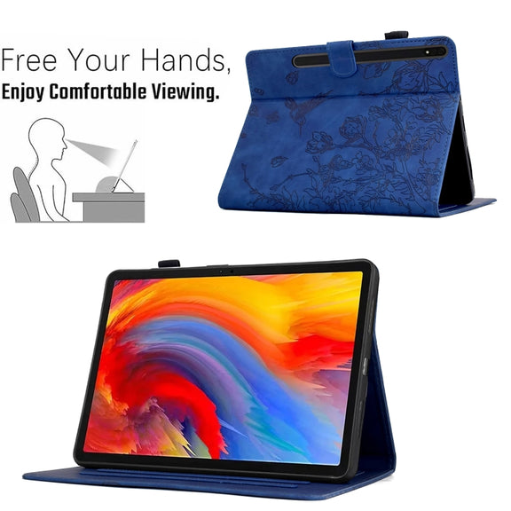 For Samsung Galaxy Tab S9 Flowers and Bird Embossed Smart Leather Tablet Case(Dark Blue)