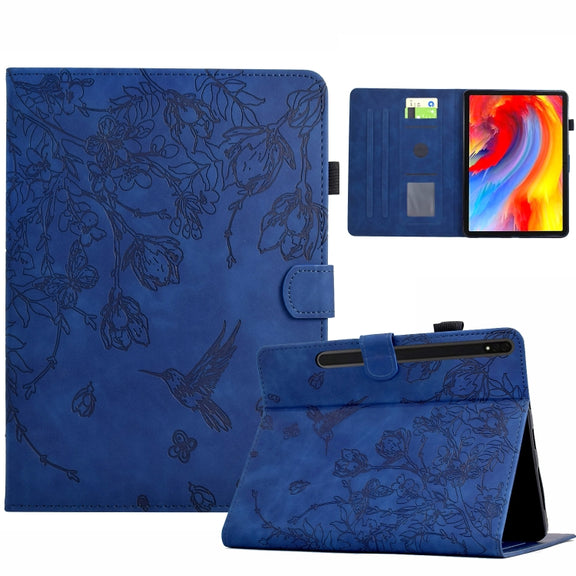 For Samsung Galaxy Tab S9 Flowers and Bird Embossed Smart Leather Tablet Case(Dark Blue)