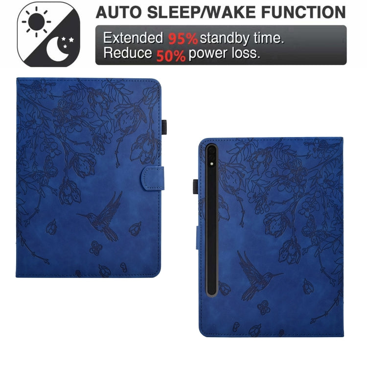 For Samsung Galaxy Tab S9 Flowers and Bird Embossed Smart Leather Tablet Case(Dark Blue)