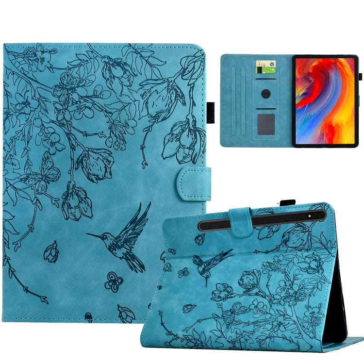 For Samsung Galaxy Tab S9 Flowers and Bird Embossed Smart Leather Tablet Case(Light Blue)