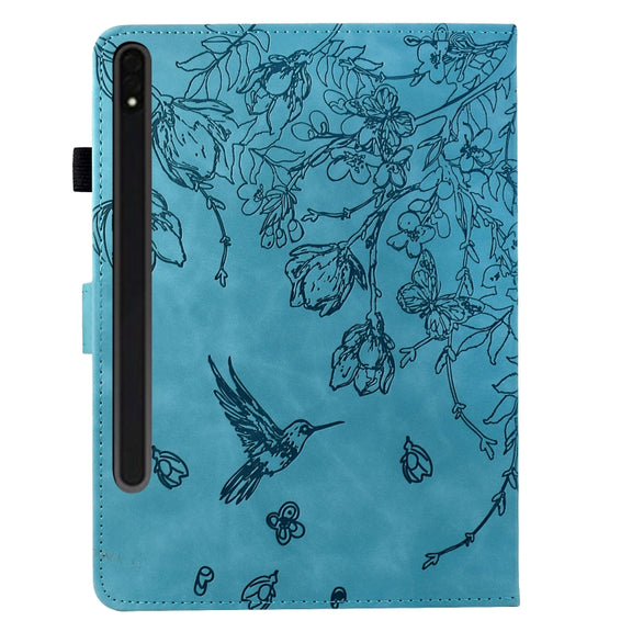 For Samsung Galaxy Tab S9 Flowers and Bird Embossed Smart Leather Tablet Case(Light Blue)