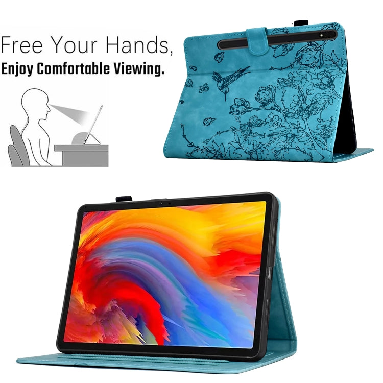 For Samsung Galaxy Tab S9 Flowers and Bird Embossed Smart Leather Tablet Case(Light Blue)