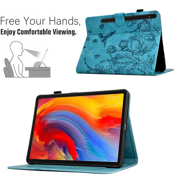For Samsung Galaxy Tab S9 Flowers and Bird Embossed Smart Leather Tablet Case(Light Blue)
