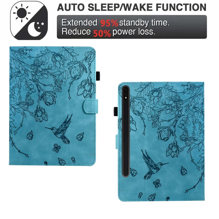 For Samsung Galaxy Tab S9 Flowers and Bird Embossed Smart Leather Tablet Case(Light Blue)