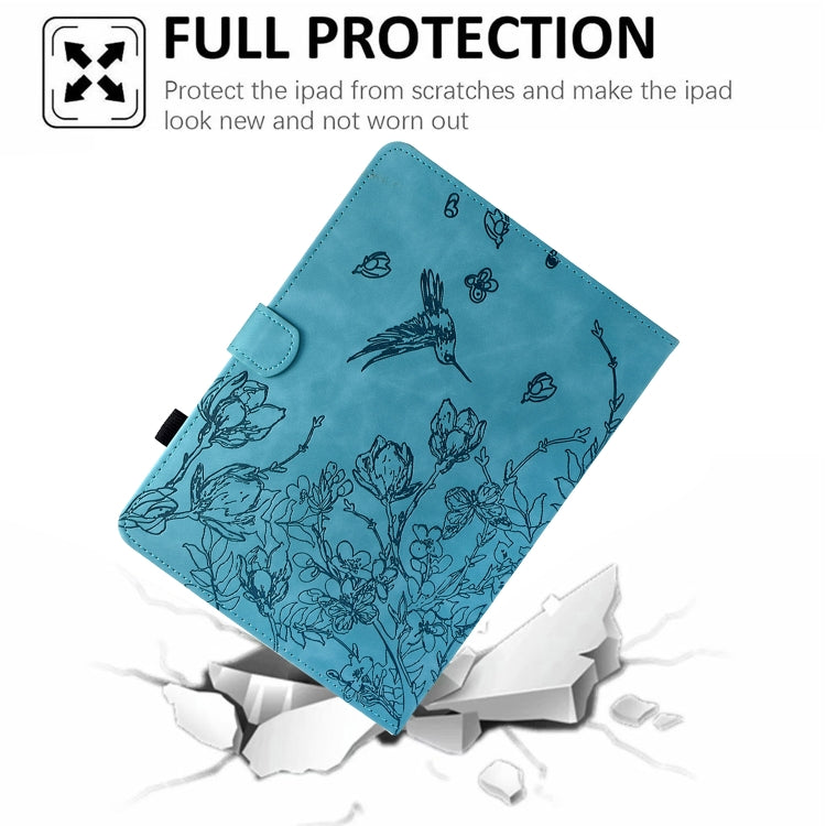 For Samsung Galaxy Tab S9 Flowers and Bird Embossed Smart Leather Tablet Case(Light Blue)