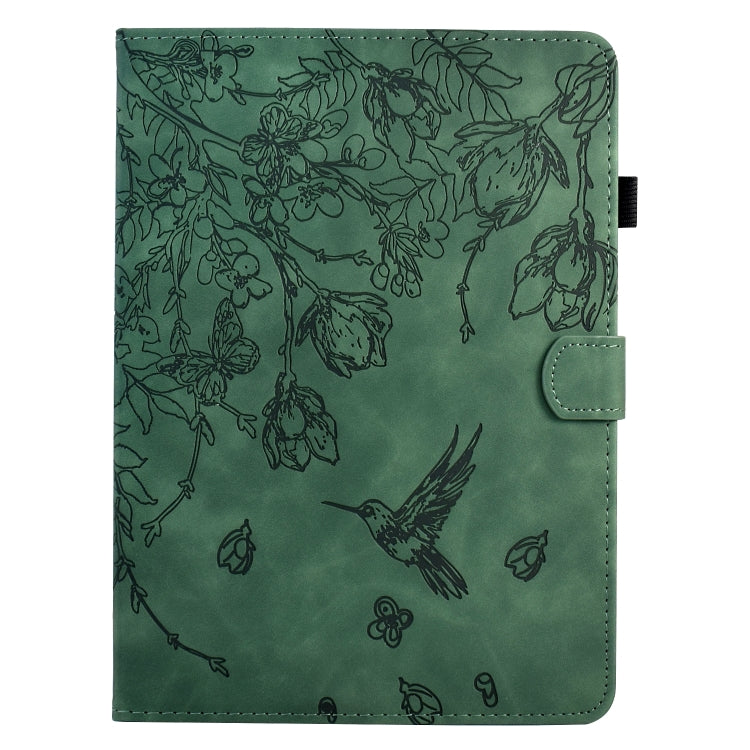 For Samsung Galaxy Tab S9 Flowers and Bird Embossed Smart Leather Tablet Case(Green)