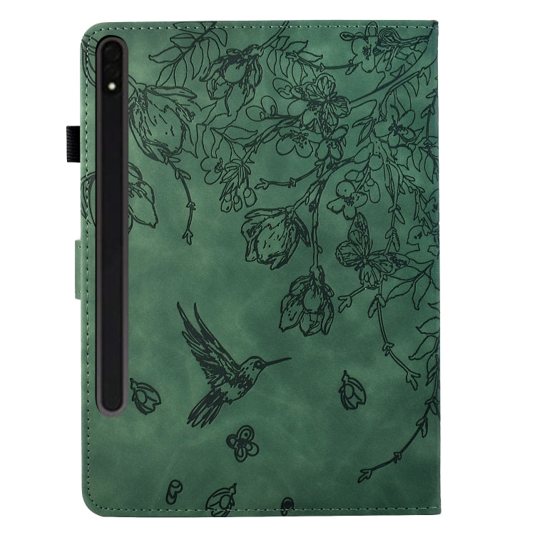 For Samsung Galaxy Tab S9 Flowers and Bird Embossed Smart Leather Tablet Case(Green)