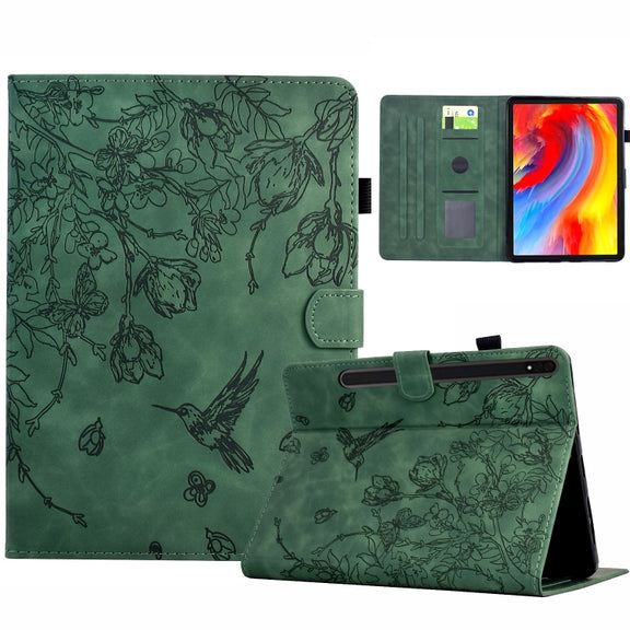 For Samsung Galaxy Tab S9 Flowers and Bird Embossed Smart Leather Tablet Case(Green)