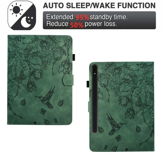 For Samsung Galaxy Tab S9 Flowers and Bird Embossed Smart Leather Tablet Case(Green)